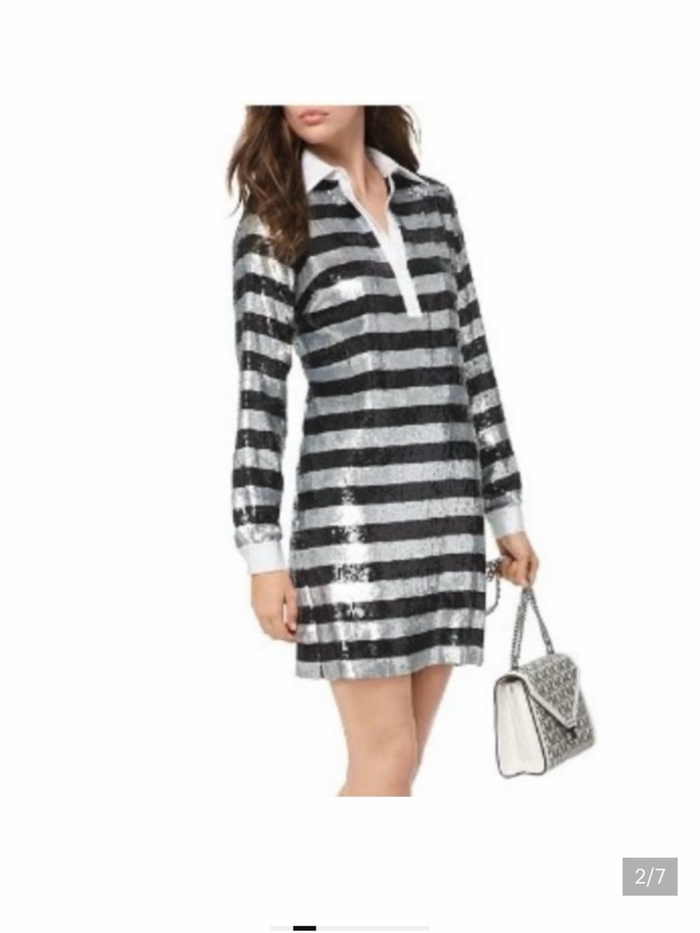 Michael Kors Black & Silver Sequin Striped Long Sleeve Shirt Dress
